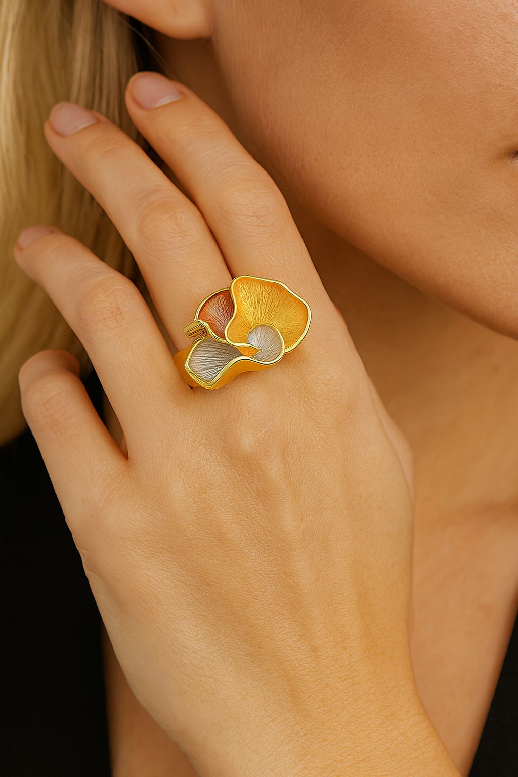 Hand-painted enamel flower ring for women in gold finish