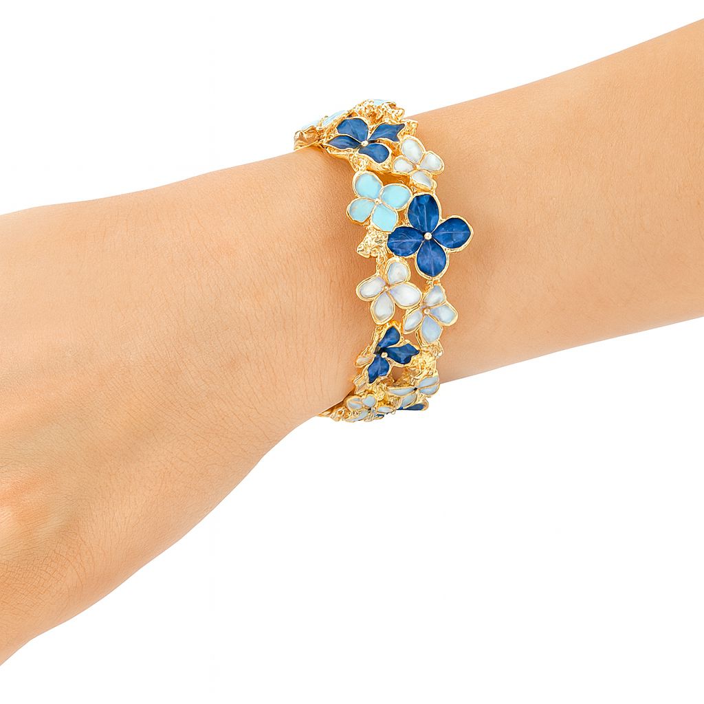 Detailed view of handmade blue flower bracelet for women