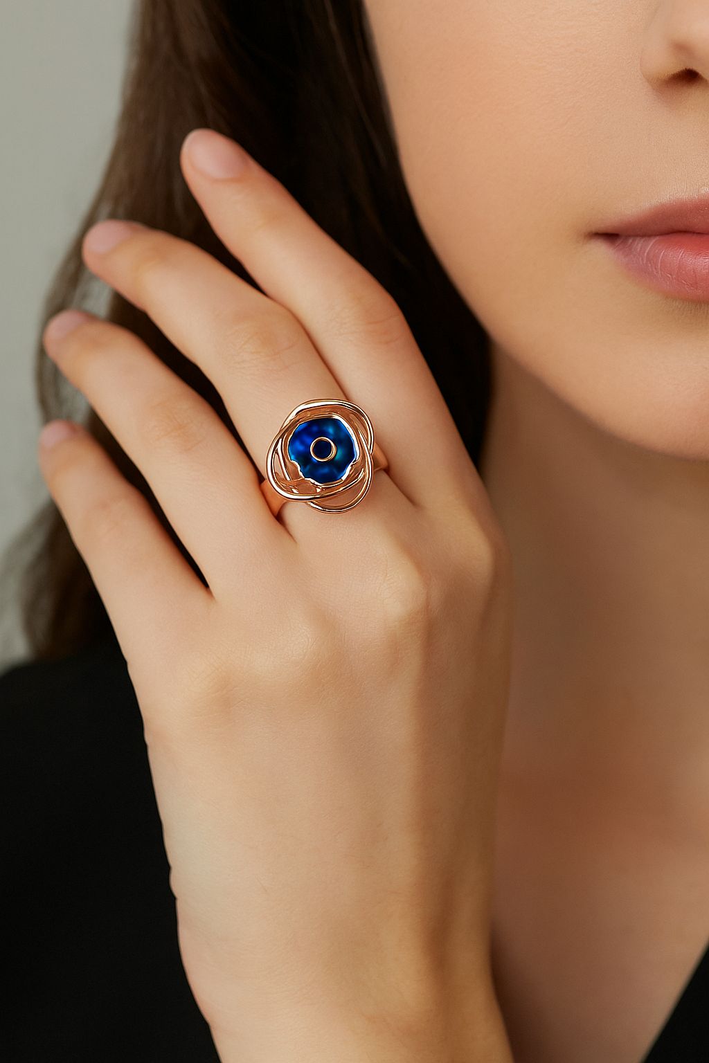 Modern artistic blue enamel statement ring for women