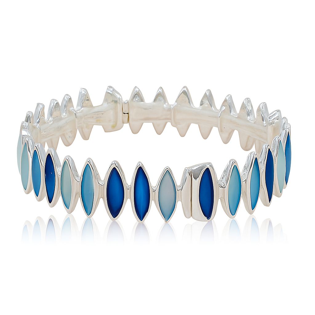 Side angle of marquise-shaped blue enamel KC gold-plated bracelet with gradient colors