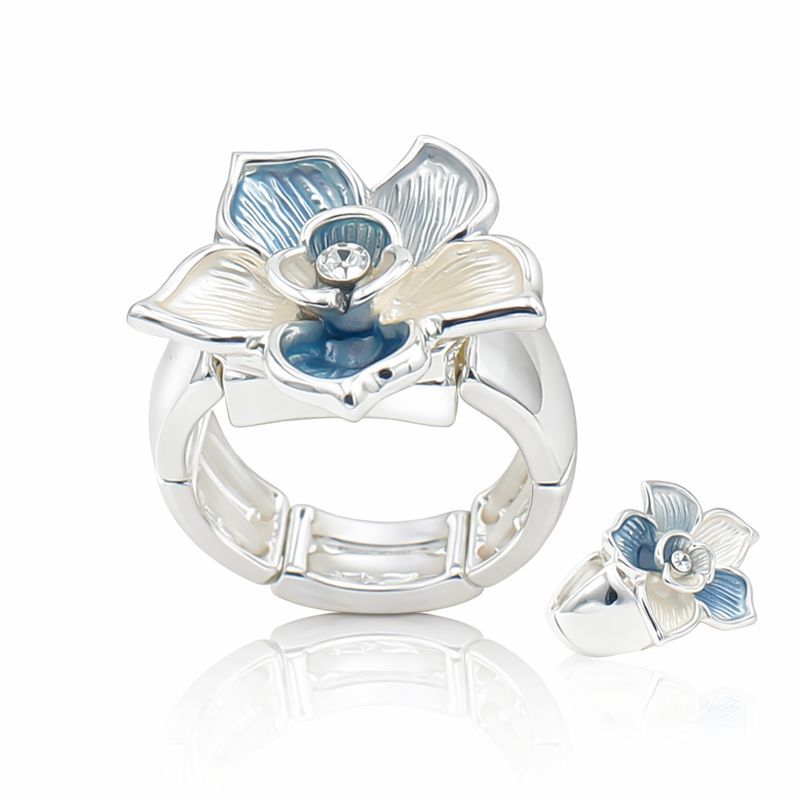 Hand painted blue floral enamel silver ring worn on hand