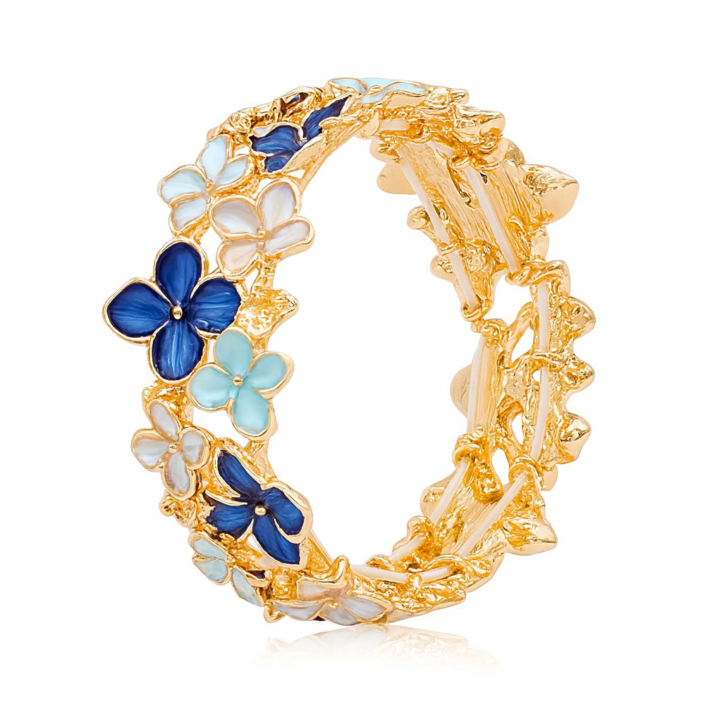 Blue enamel flower bracelet with gold plating, front view