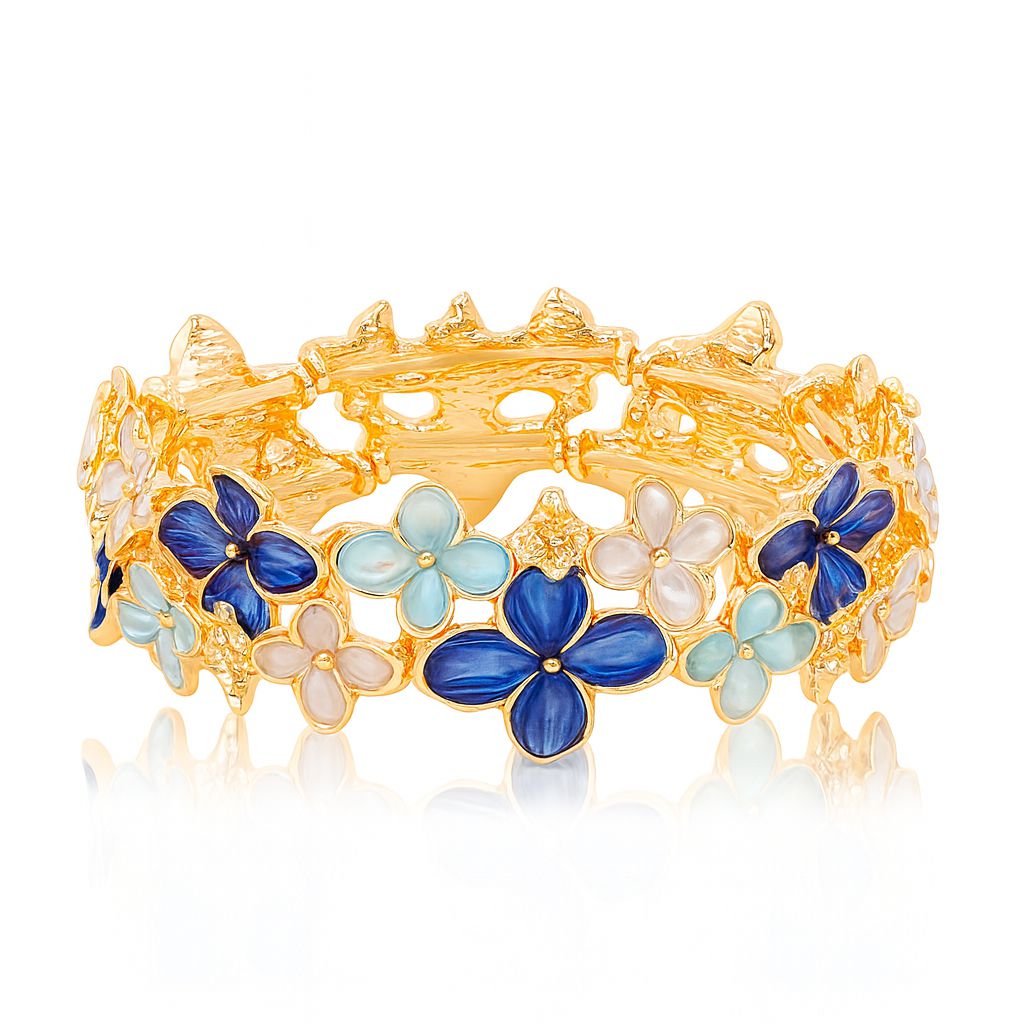 Gold-plated floral bangle with hand-painted blue petals
