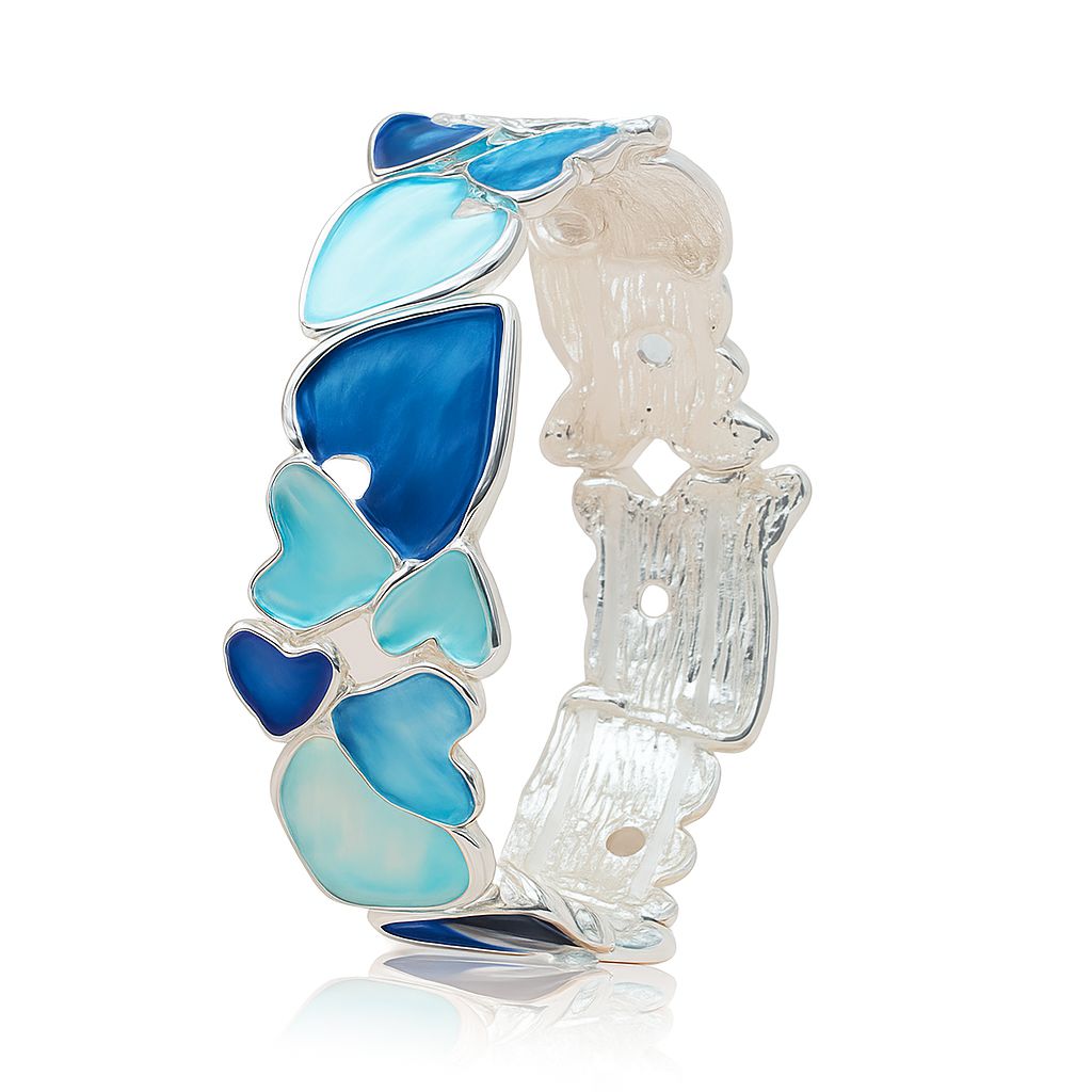 Blue enamel heart bracelet with KC silver plating front view