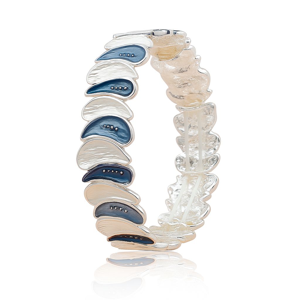 "close-up view of hand-painted enamel bracelet in blue and ivory tones
