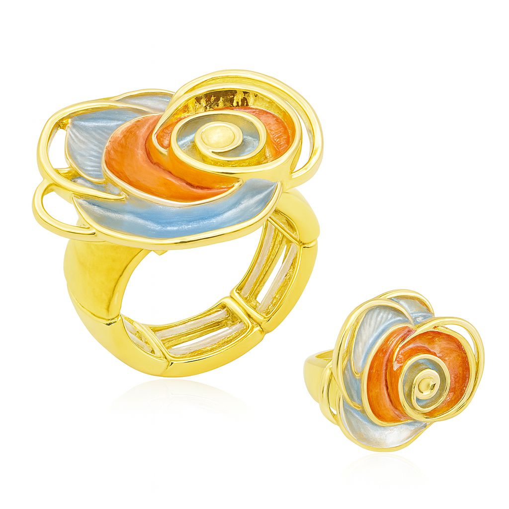 Model wearing hand-painted blue and orange enamel flower ring with KC gold plating
