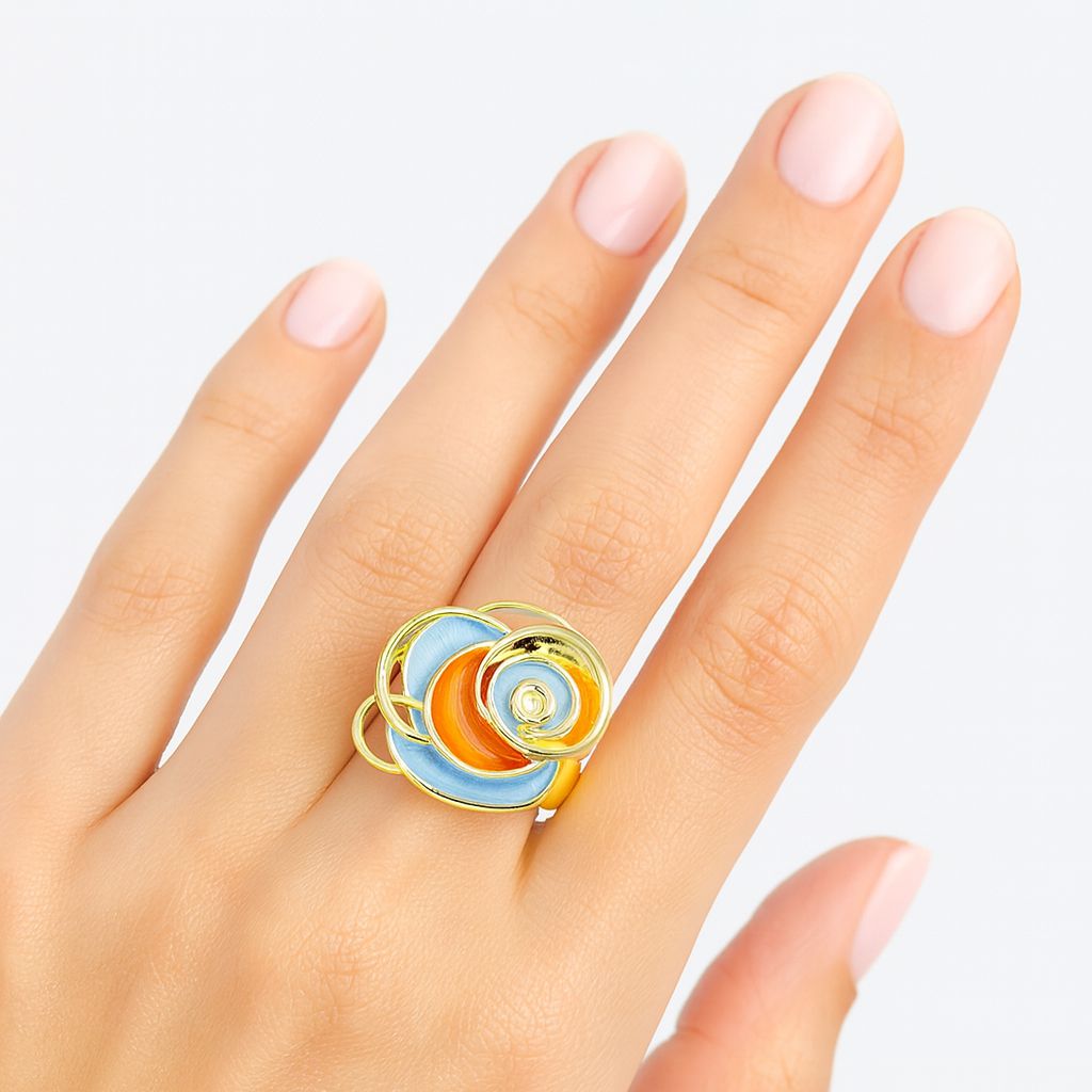 KC gold plated alloy ring with sculptural enamel flower design worn on finger