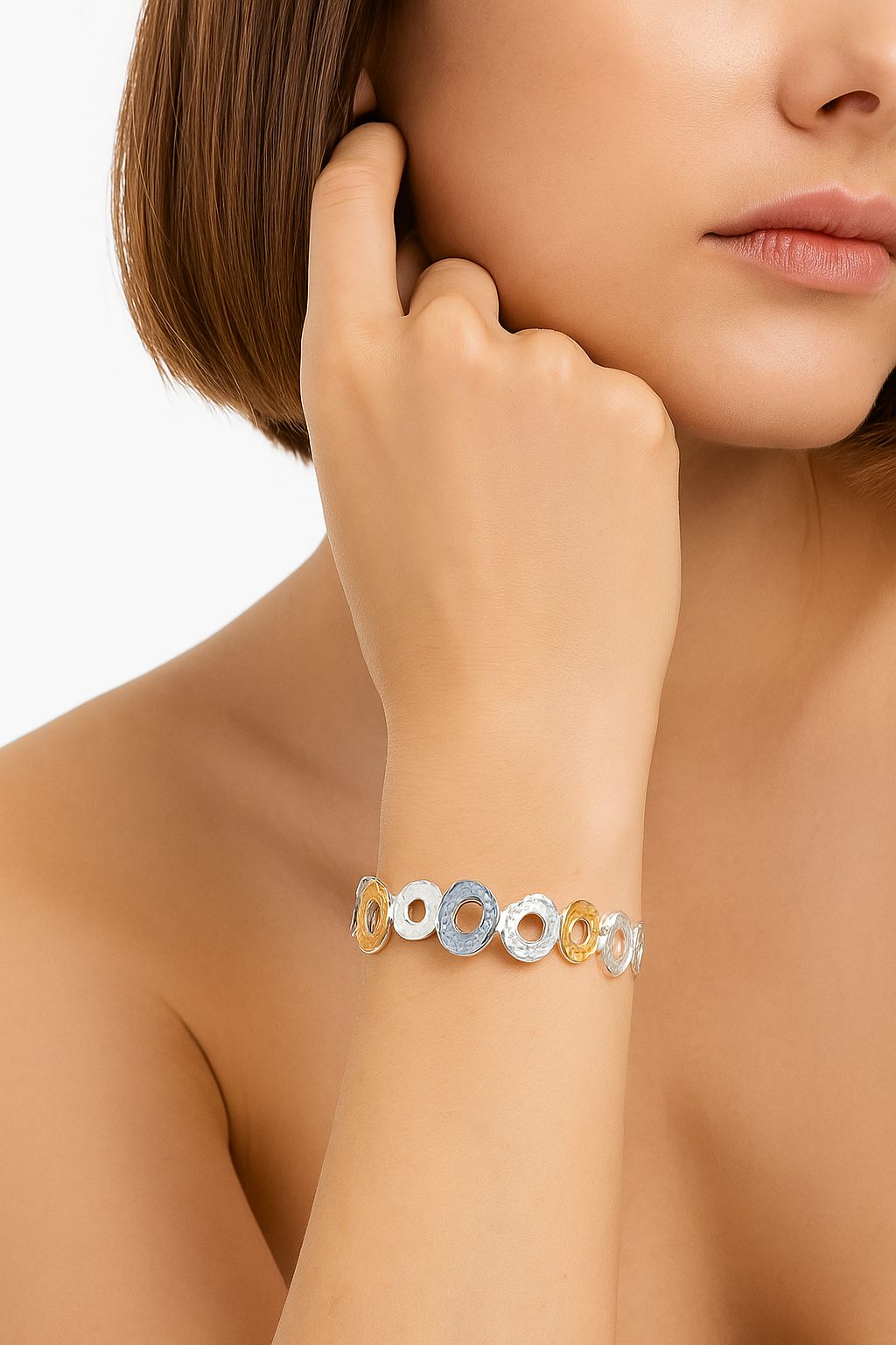Boho enamel circle bracelet worn on wrist