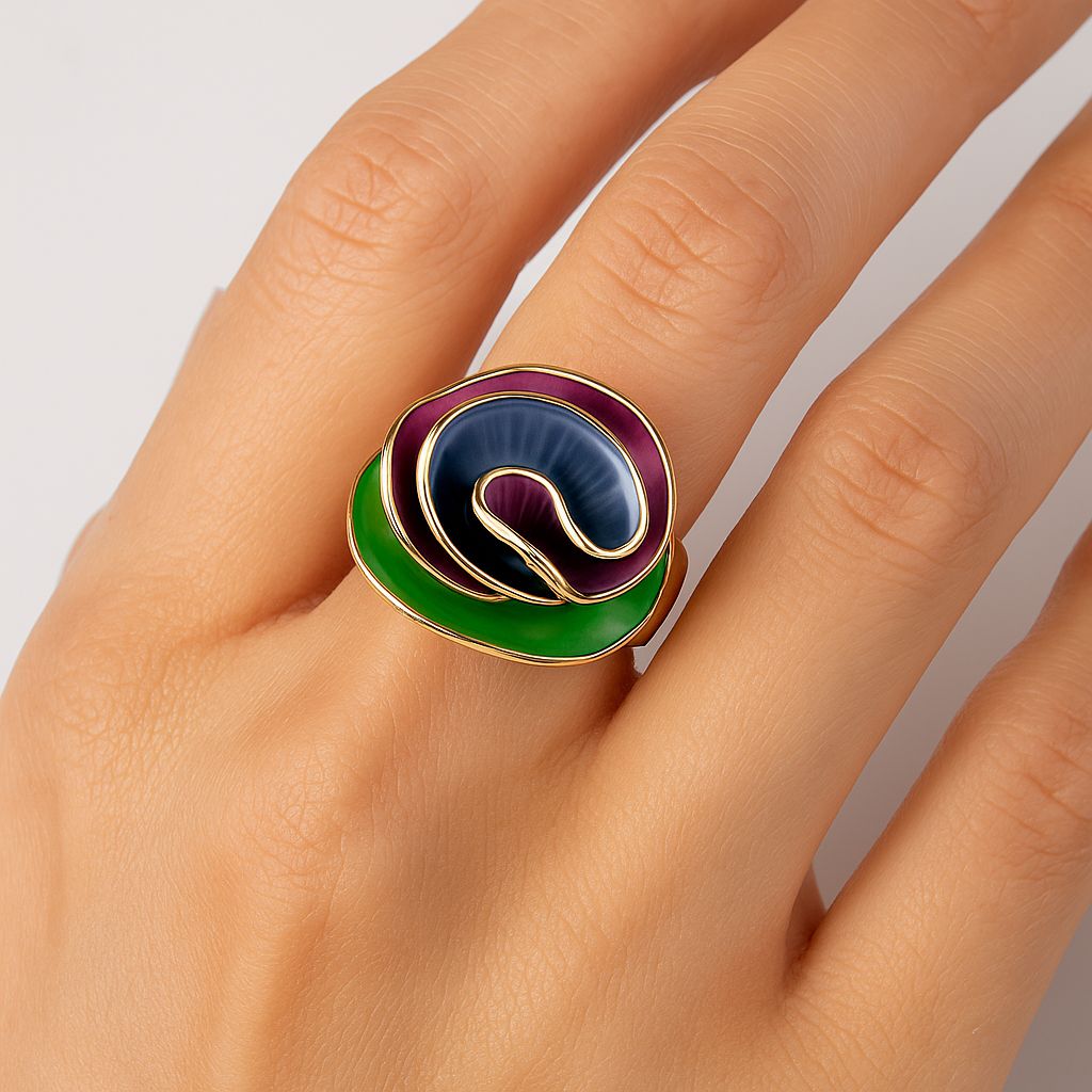 Multicolor enamel statement ring with KC gold plating worn on finger
