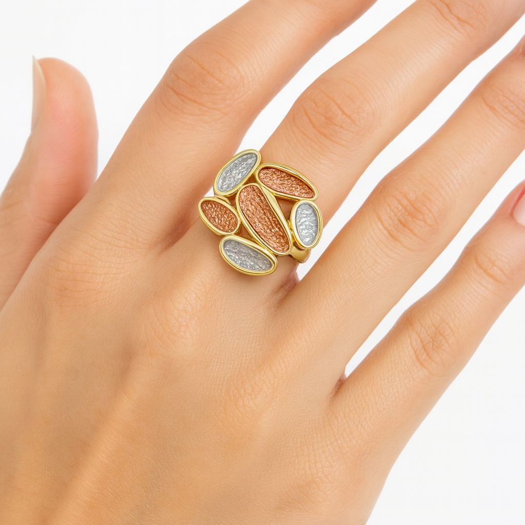 Bold gold adjustable ring with hand-painted artistic details
