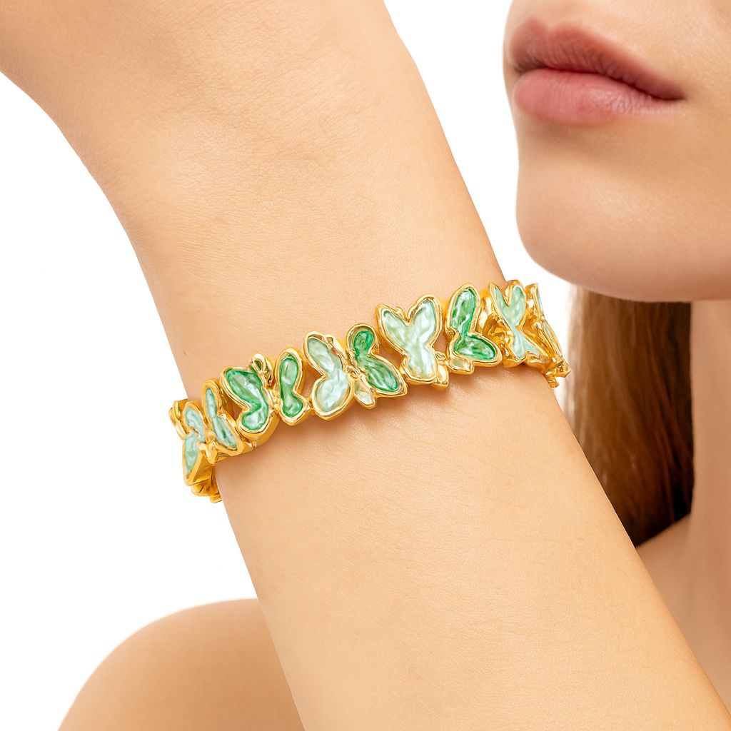 Stylish women’s enamel art bracelet with green butterfly details