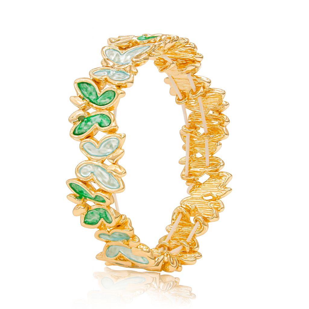 Front view of green butterfly enamel bangle bracelet with KC gold plating