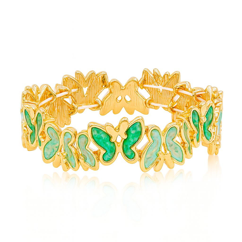 Side angle showing hand-painted enamel butterfly bracelet for women