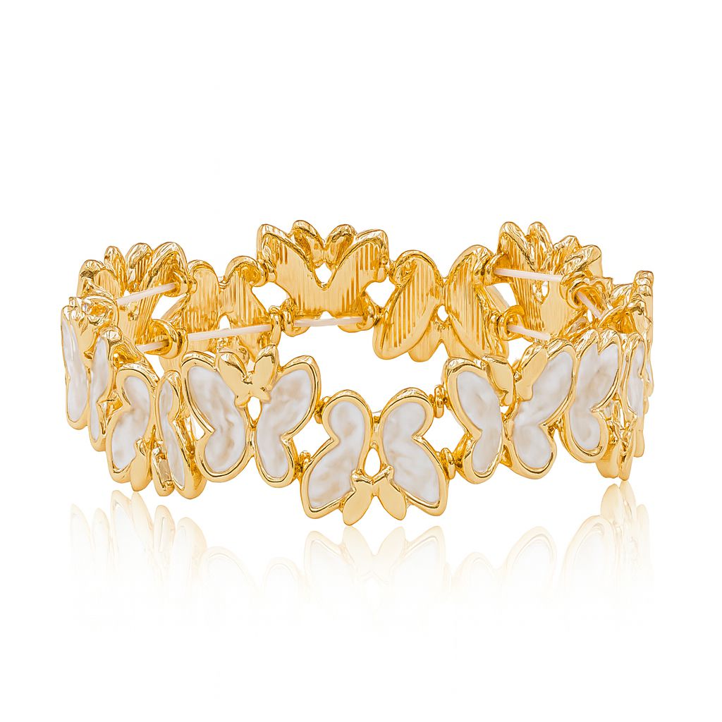 Side detail of gold-plated butterfly bracelet with enamel finish.