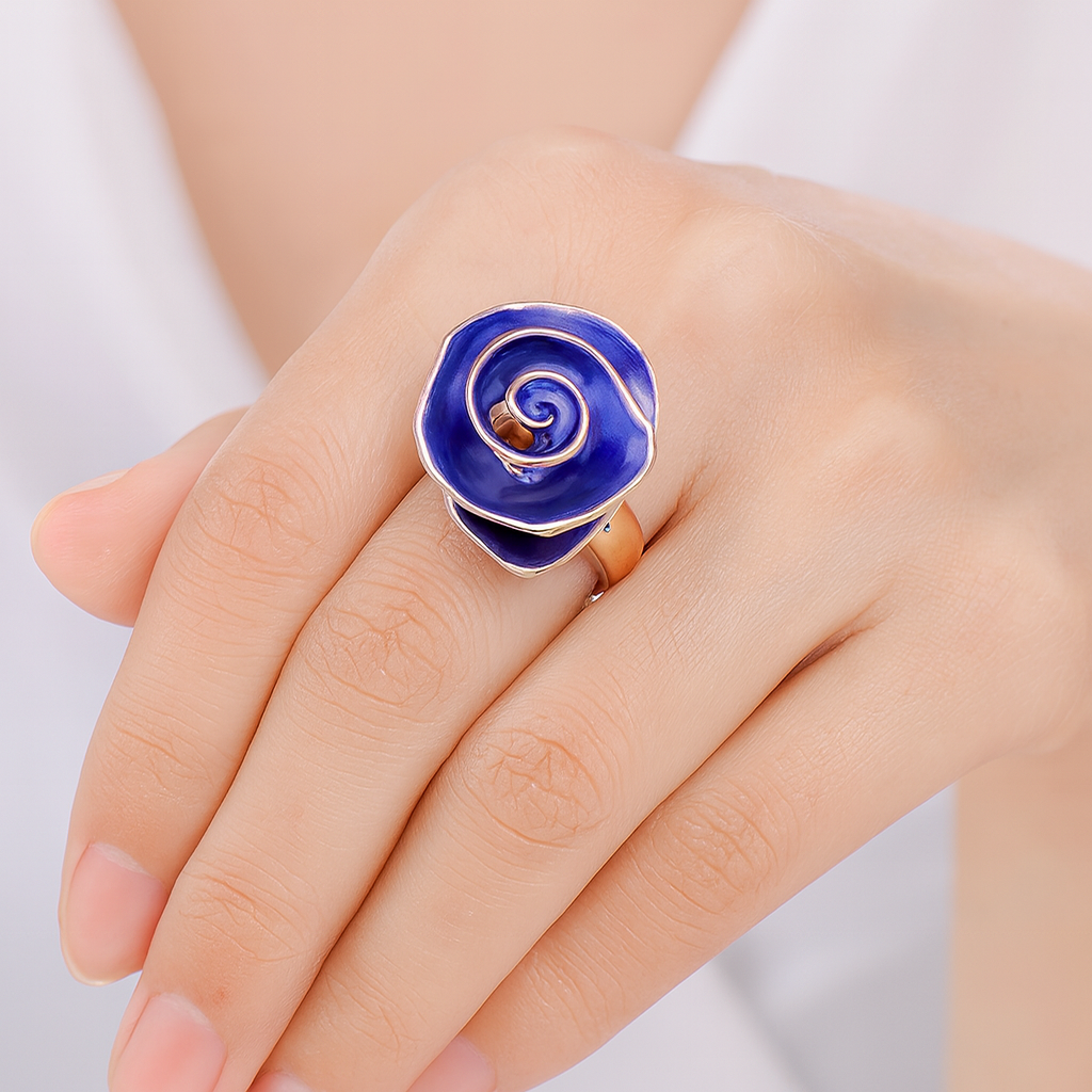 Artistic spiral flower statement ring with blue enamel finish