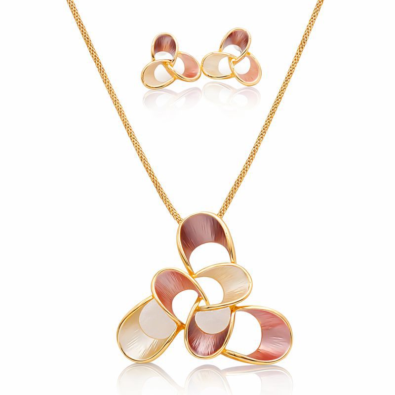 Champagne enamel floral necklace and stud earrings set in KC gold plated alloy