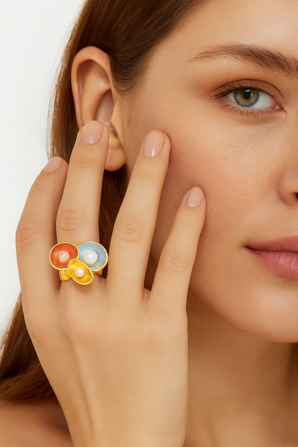 Model wearing multicolor pearl statement ring with hand-painted finish