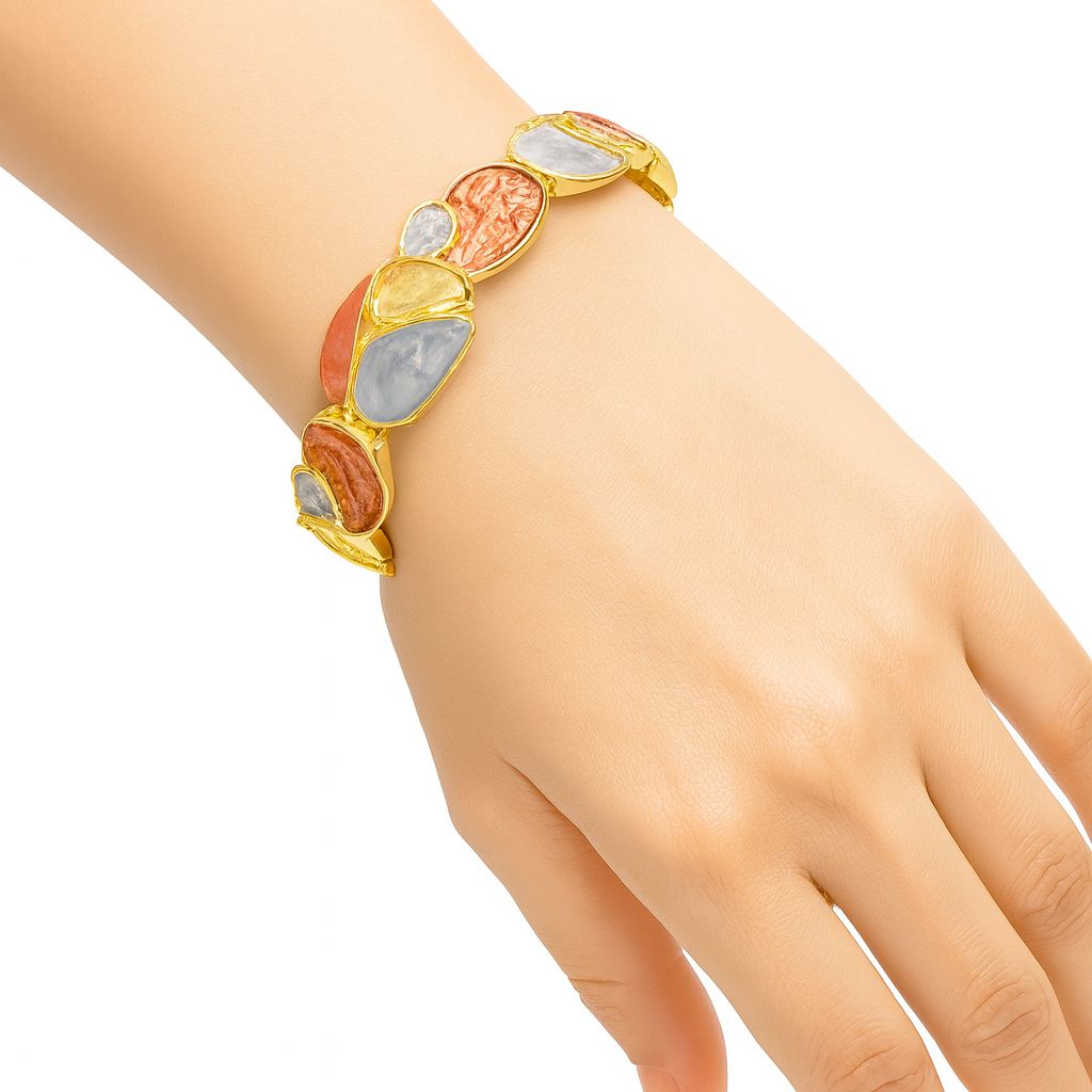 Colorful statement bracelet worn on female wrist