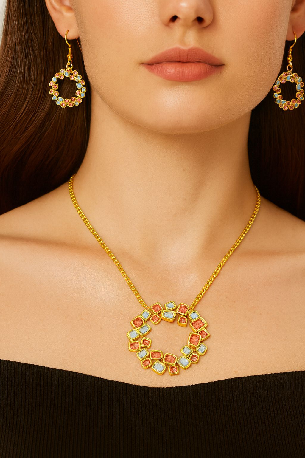 Artistic enamel circle necklace close-up