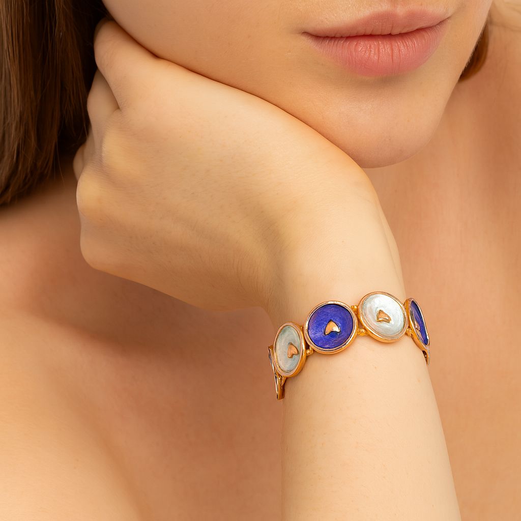 Model wearing colorful enamel bracelet set – adjustable stretch design