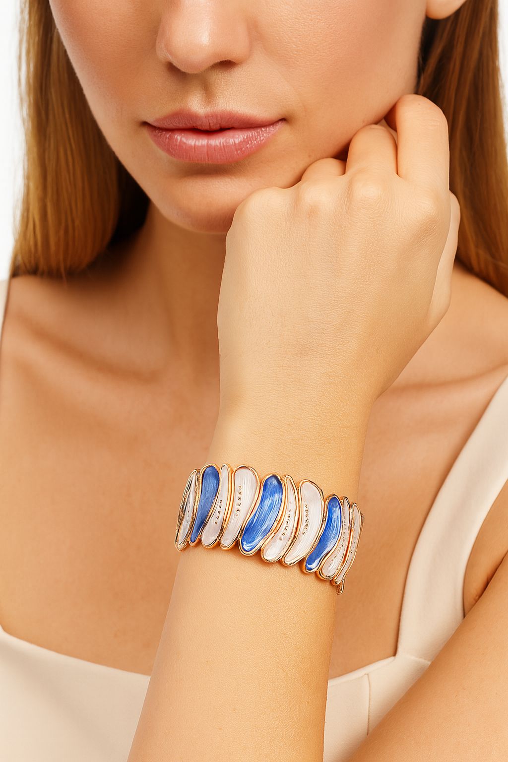 Blue and white enamel gold plated cuff bracelet for women