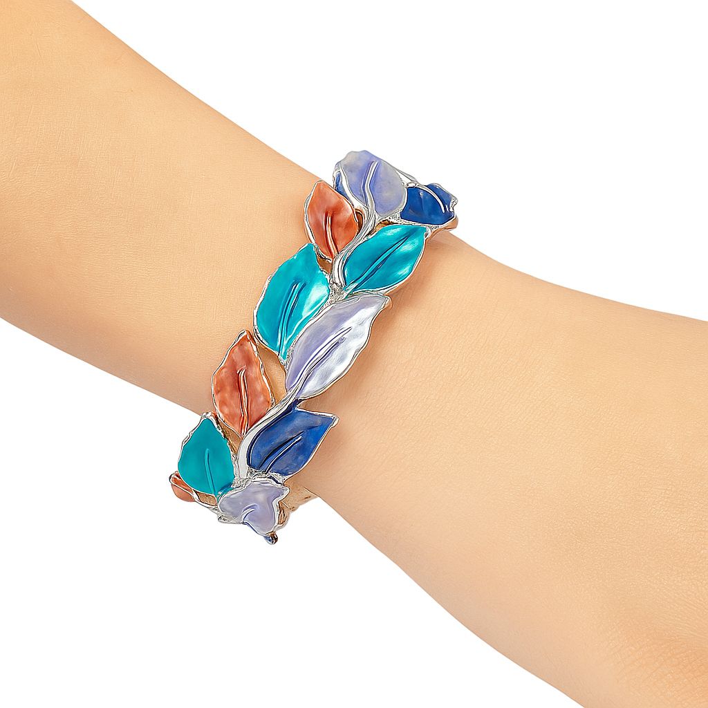 Colorful hand painted enamel leaf bracelet on white background