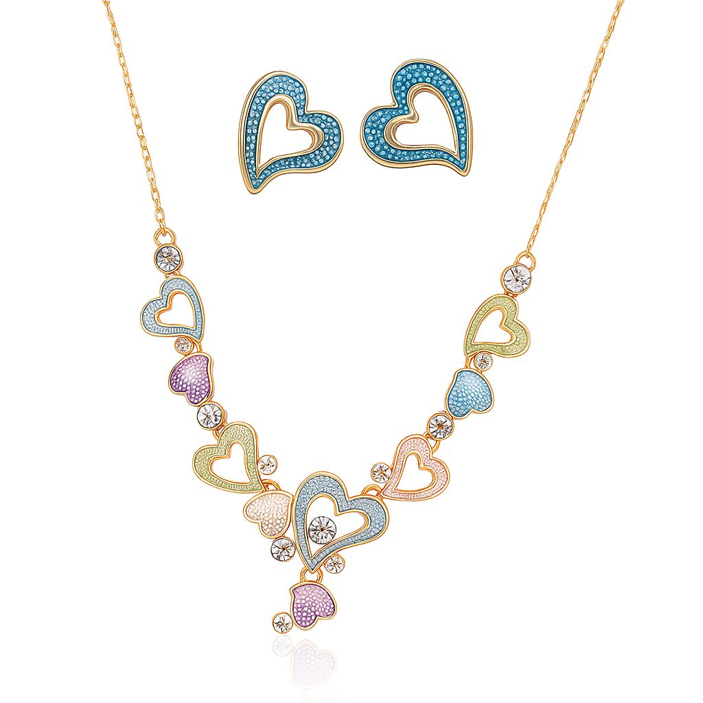 Colorful heart link necklace and earrings set with KC gold plated alloy