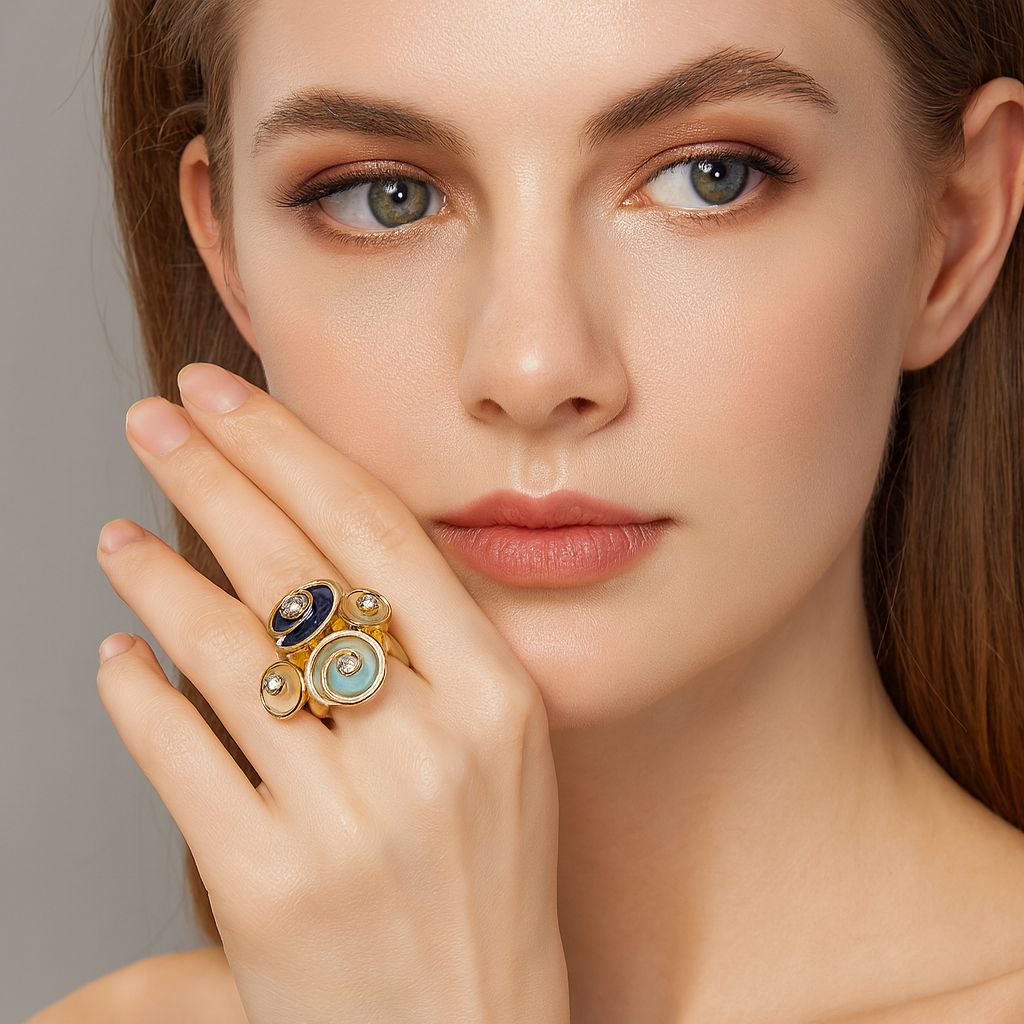 Contemporary artistic cluster ring worn on hand