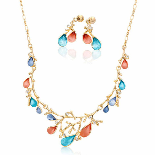 Colorful enamel leaf necklace and earrings set with KC gold plating