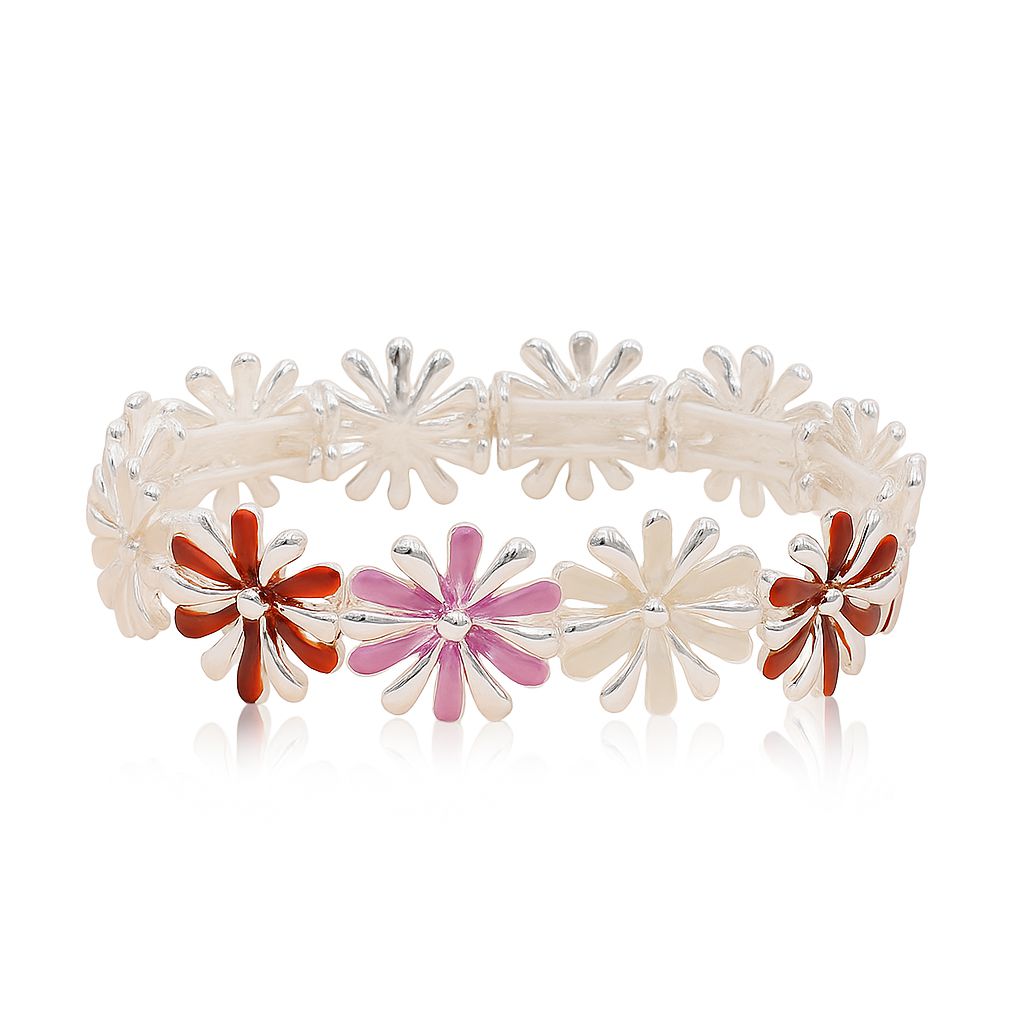 Hand-painted enamel daisy bracelet in red, pink and white – front view