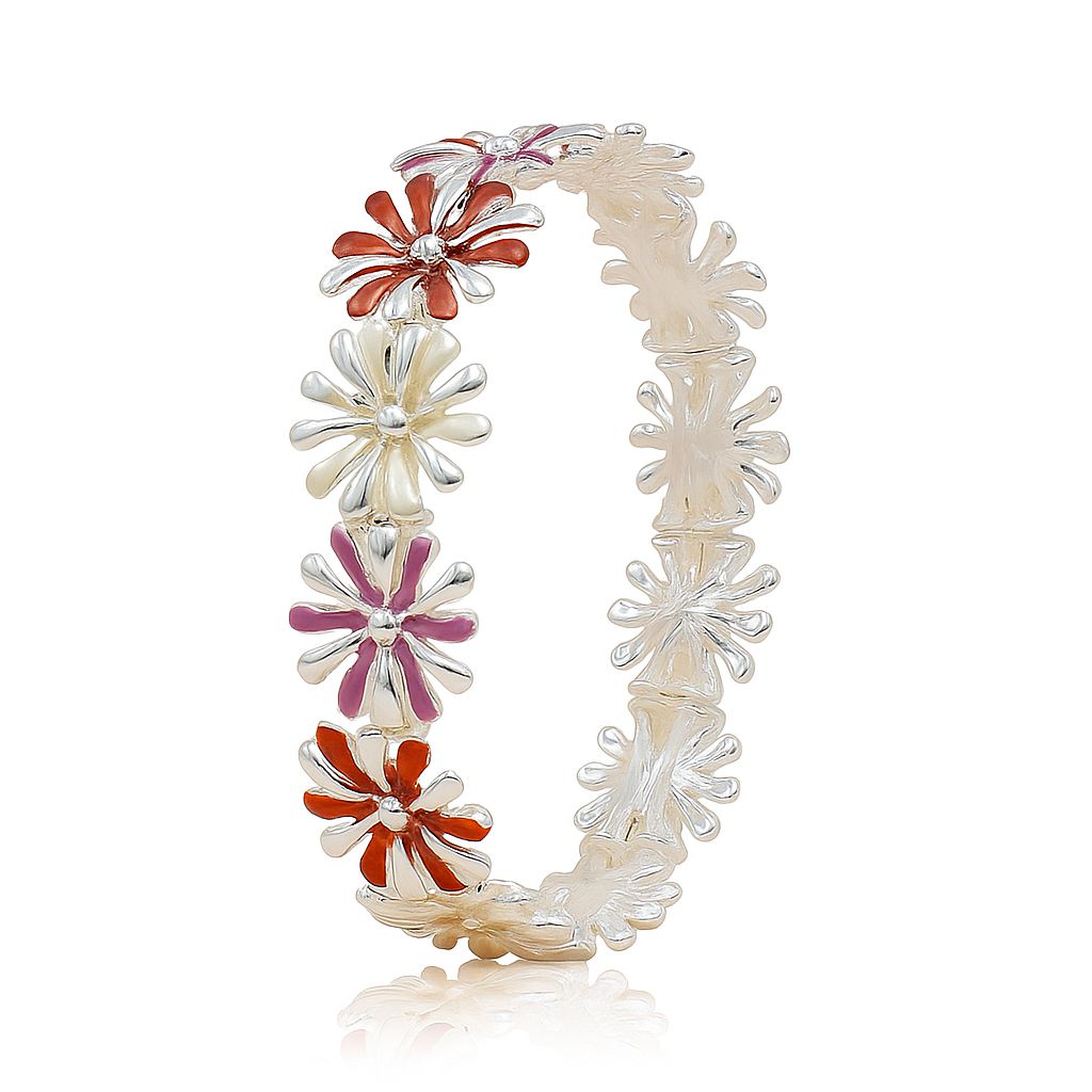 Hand-painted enamel daisy bracelet in red, pink and white – front view
