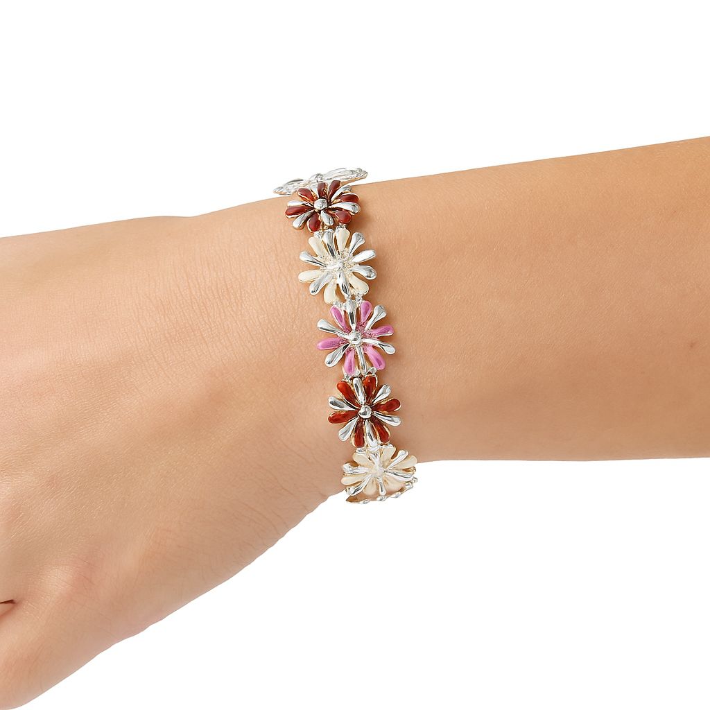 Model wearing colorful enamel daisy bracelet – lifestyle photo