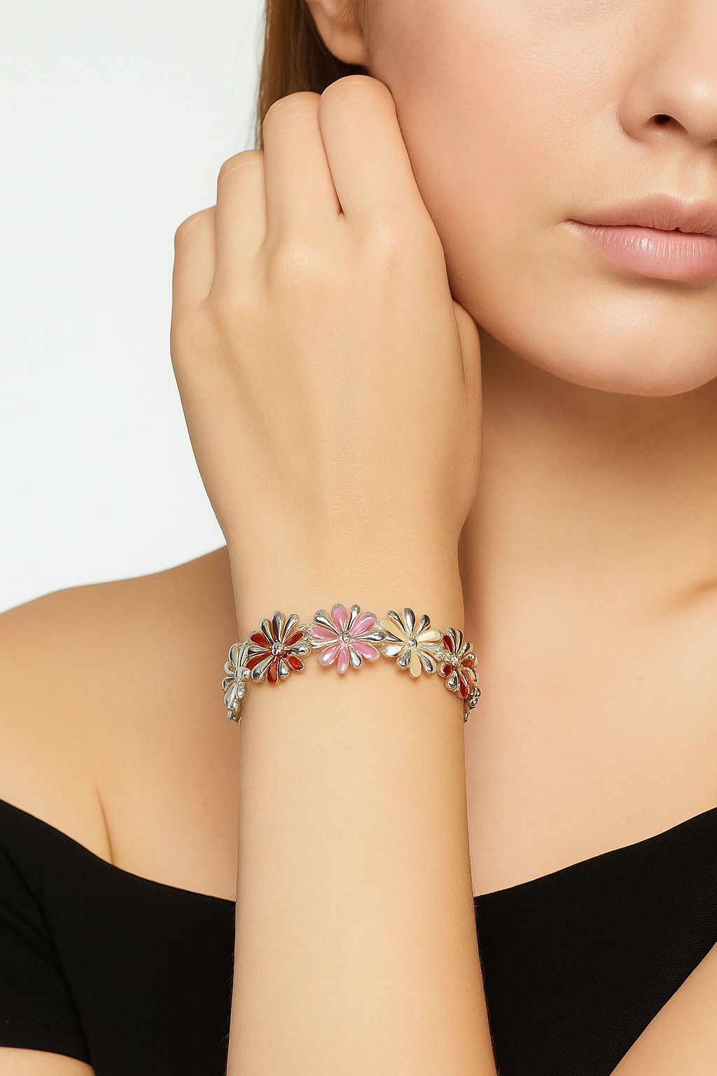 KC gold plated floral bracelet with colorful enamel flowers
