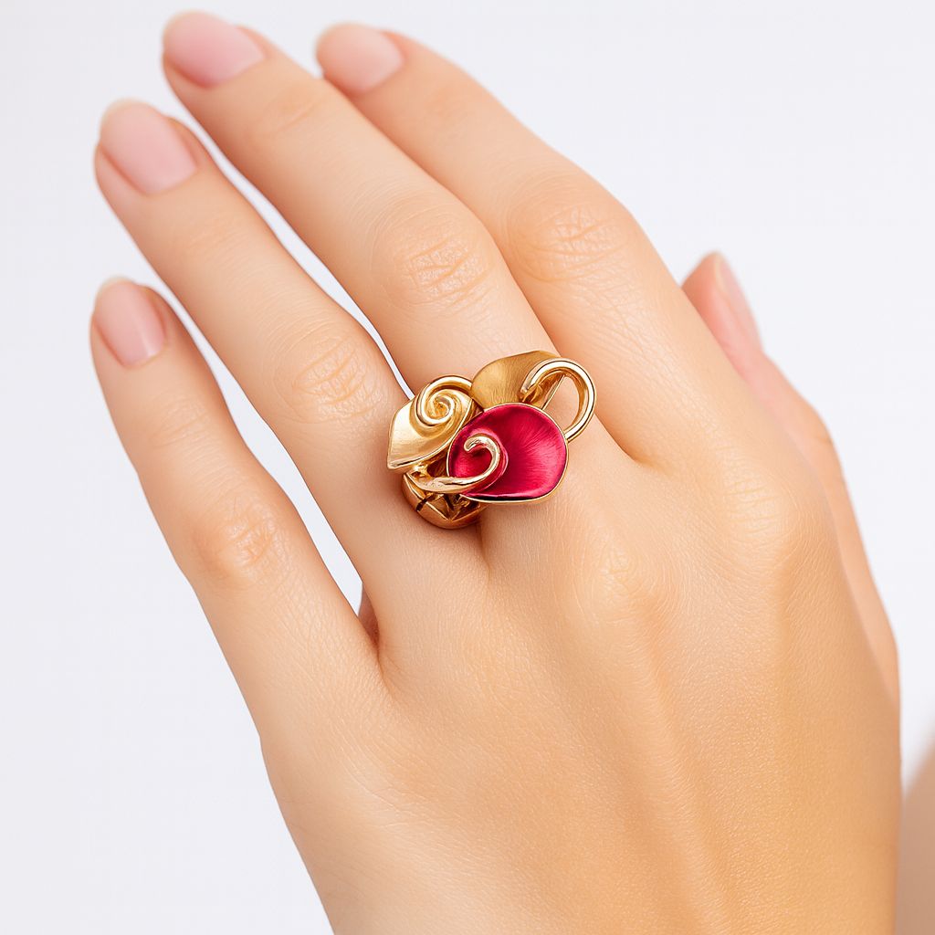Close-up detail of hand painted enamel ring with KC gold finish