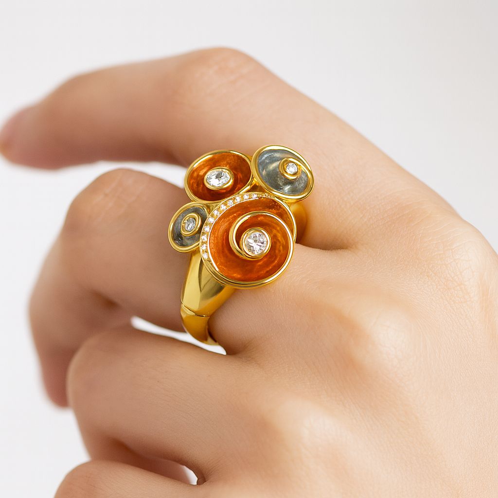 Model wearing artistic swirl statement ring with bold enamel colors