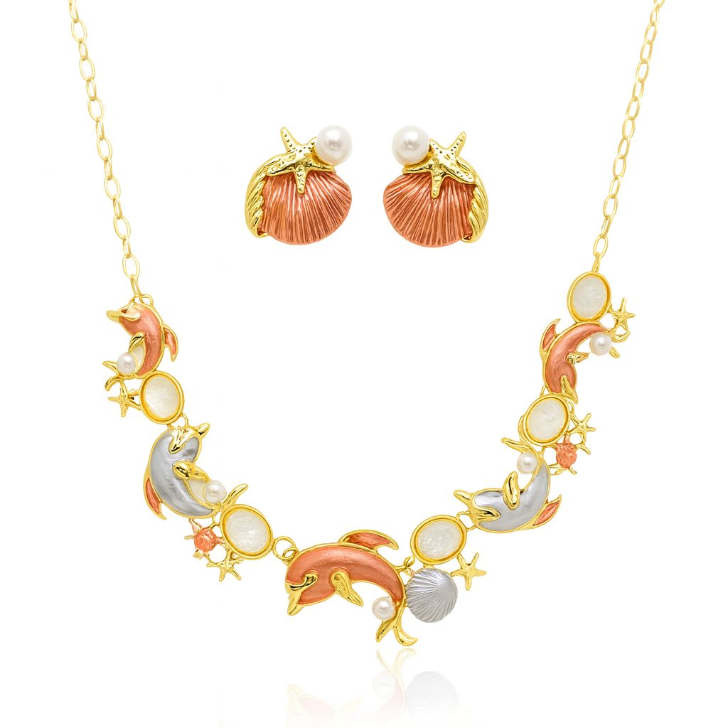 KC gold plated dolphin and seashell enamel necklace and earrings jewelry set