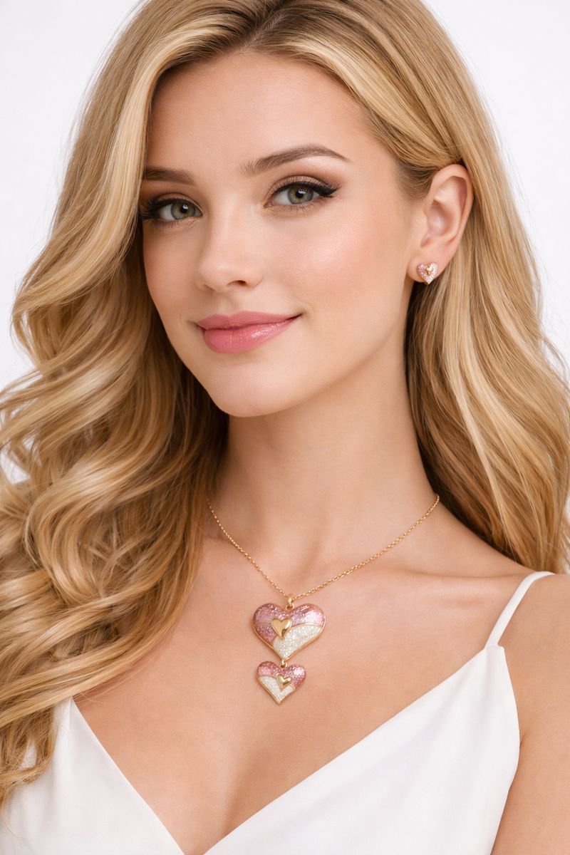 Romantic heart necklace and earrings set worn by model