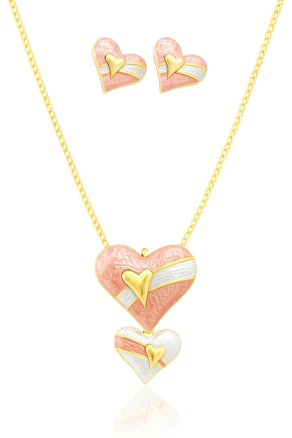 Double heart necklace and earrings set with KC gold plating