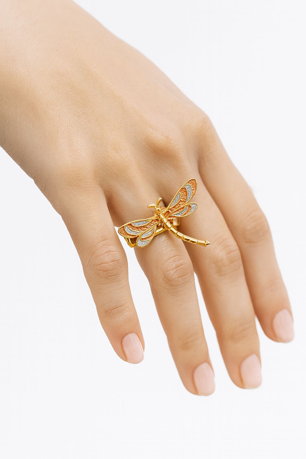 KC gold enamel dragonfly ring with multicolor wings design