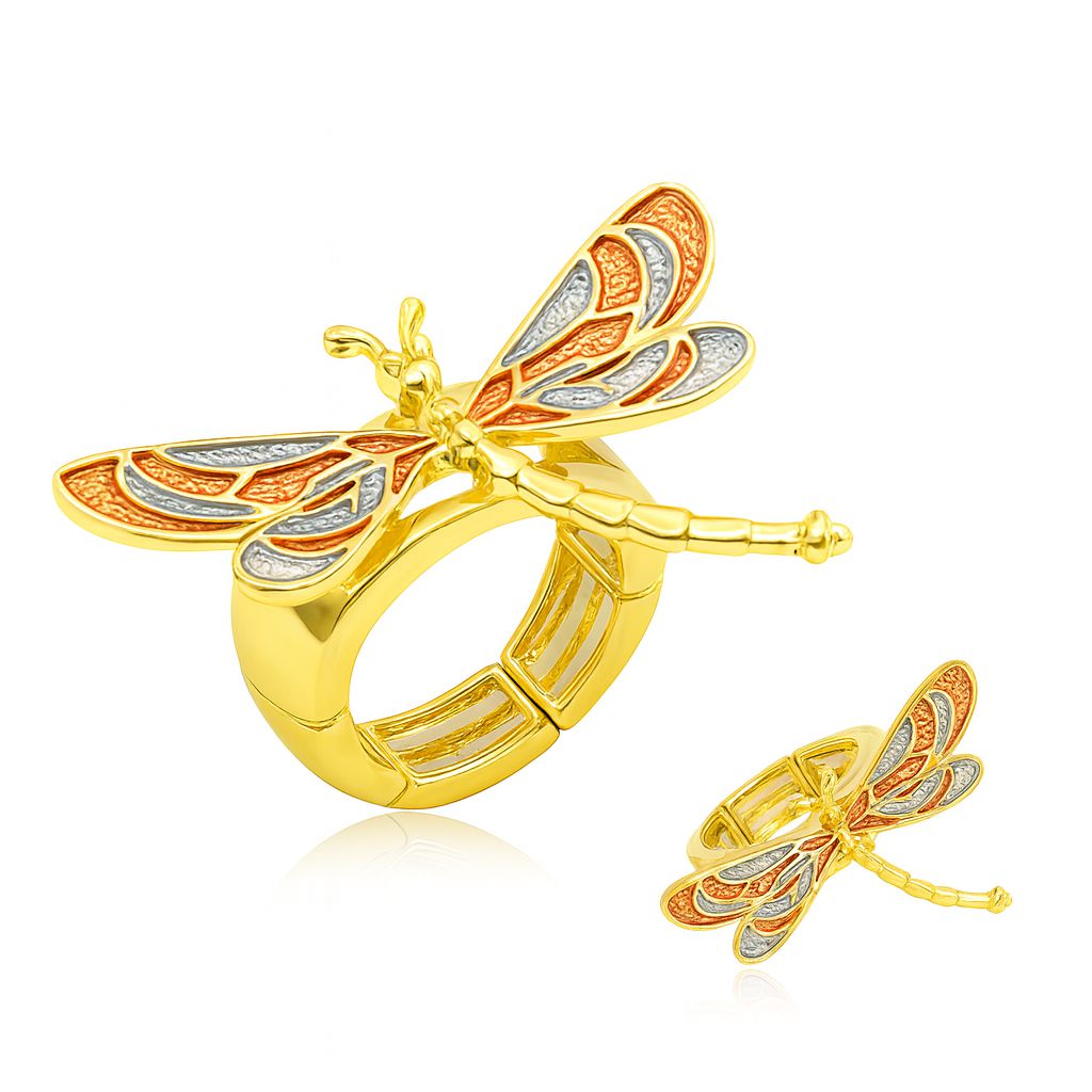 Hand-painted dragonfly statement ring with KC gold plating
