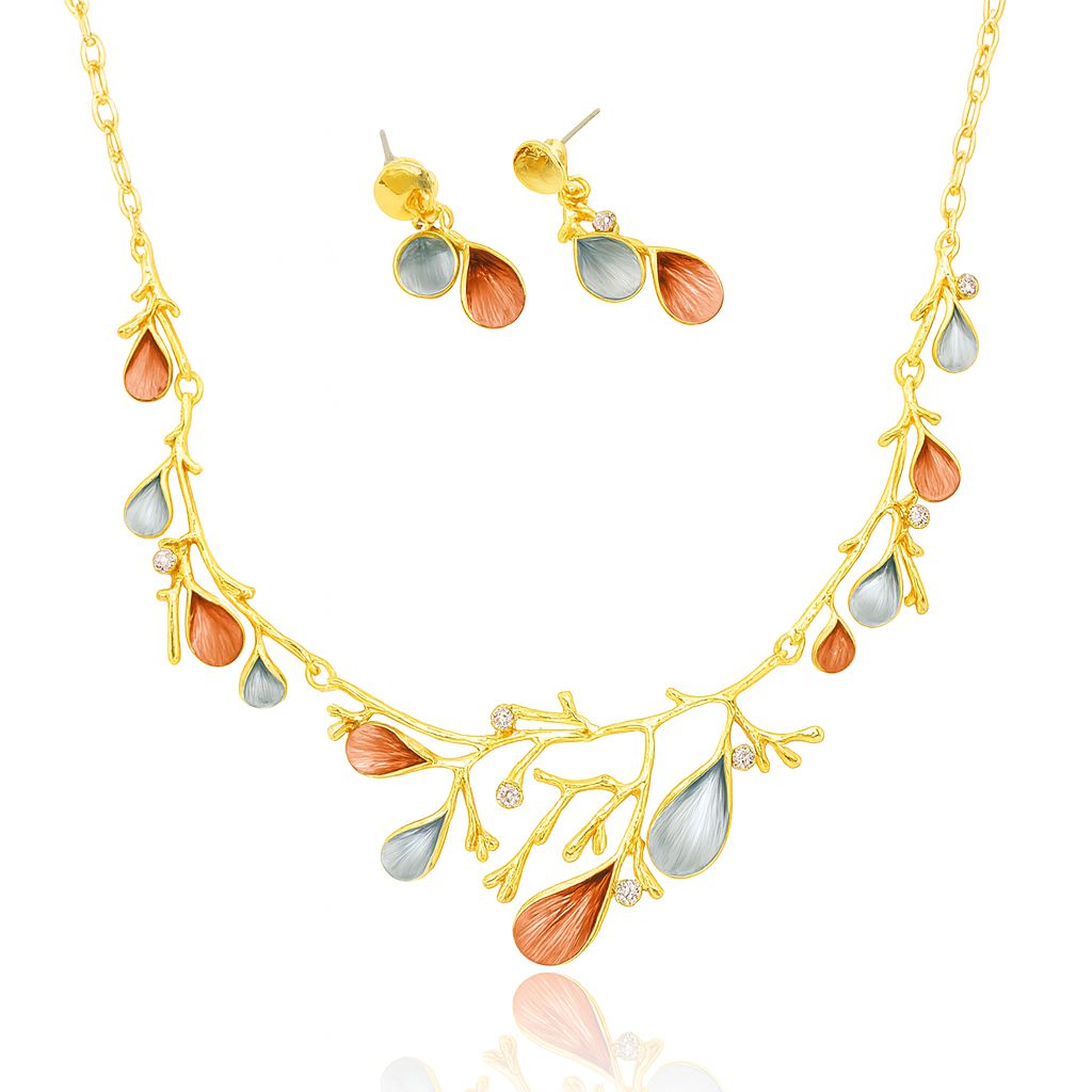 Droplet branch necklace and earrings set with KC gold plating