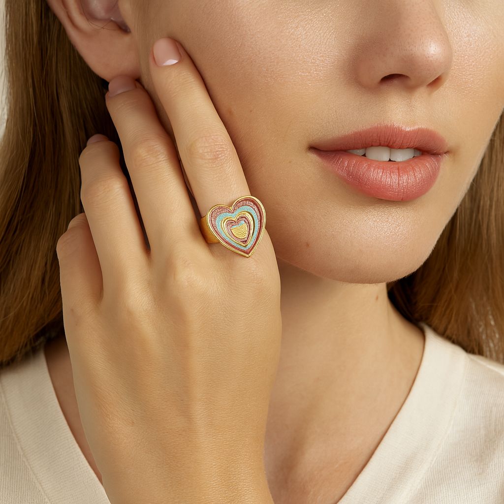 Woman wearing KC gold heart enamel ring with multicolor hand-painted design