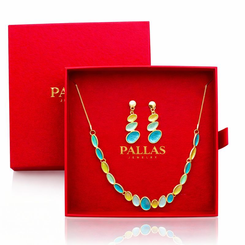 Elegant hand-painted enamel necklace and earring set in gift box