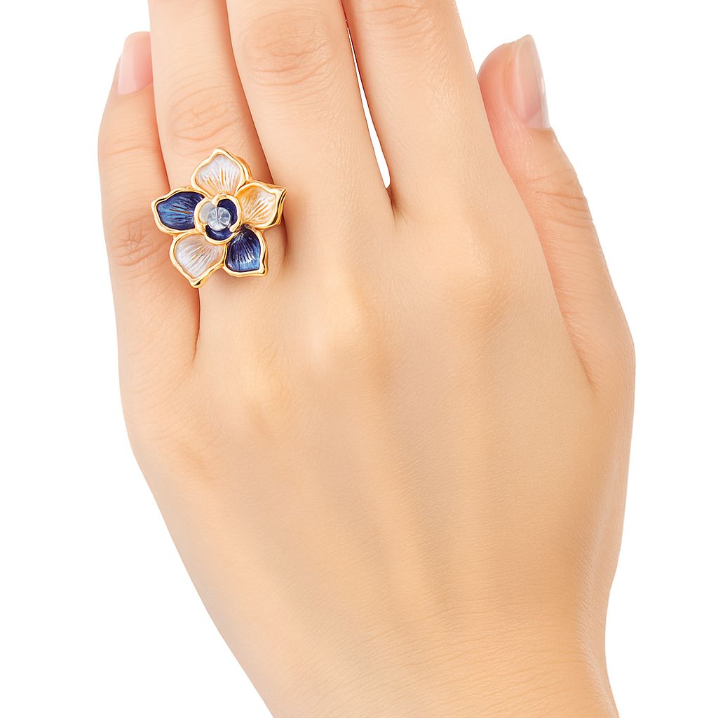 Floral enamel bloom ring with KC gold plating worn on finger