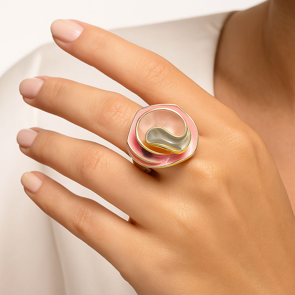 Elegant fluid design statement ring with soft enamel colors for women