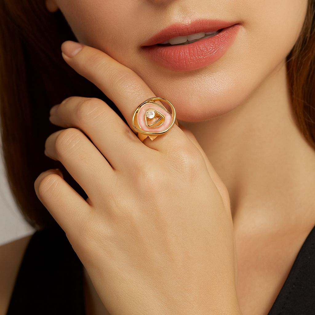 Artistic enamel statement ring worn on hand with KC gold plated finish