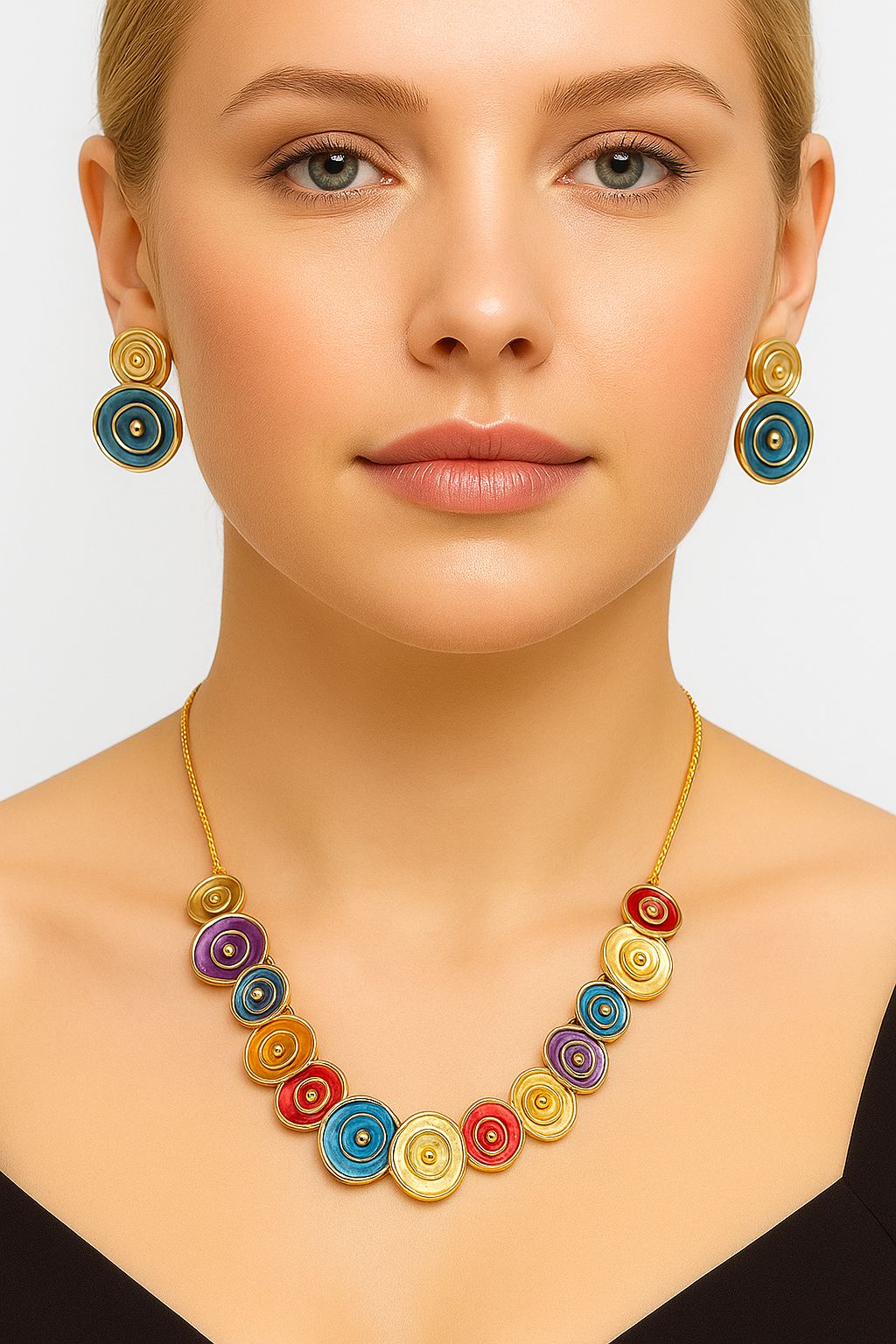 Hand painted enamel disc necklace and earrings set worn by model