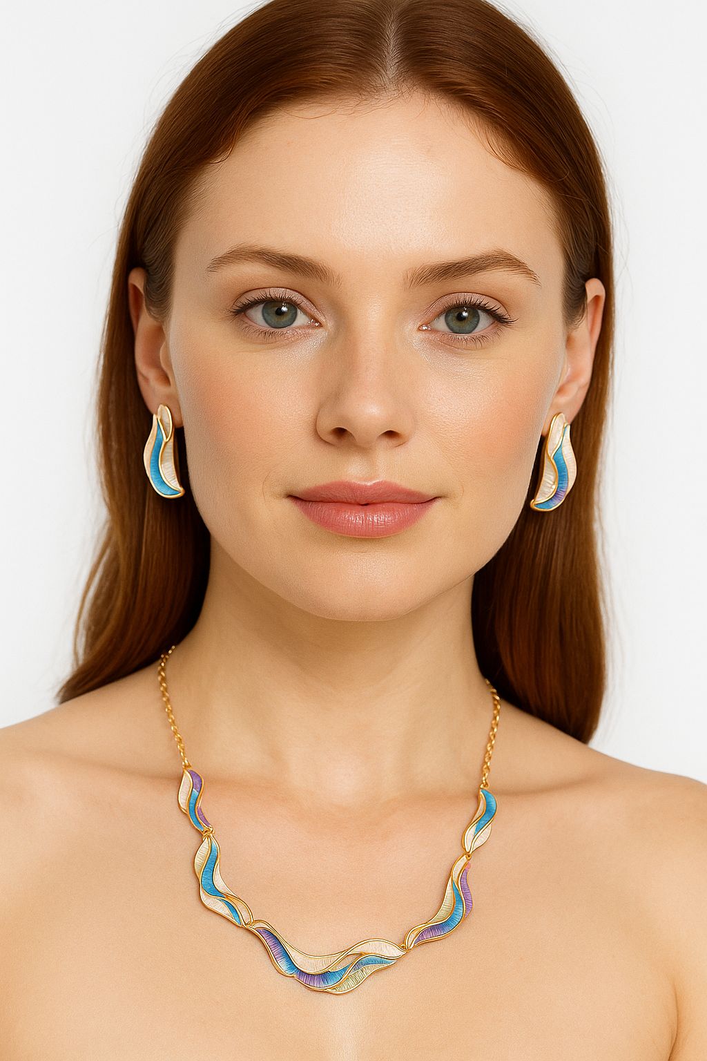 Hand painted enamel necklace with wave design worn on model