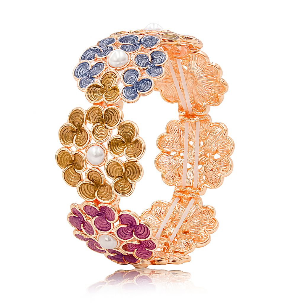Multi-color enamel floral bracelet set in KC gold plating – front view