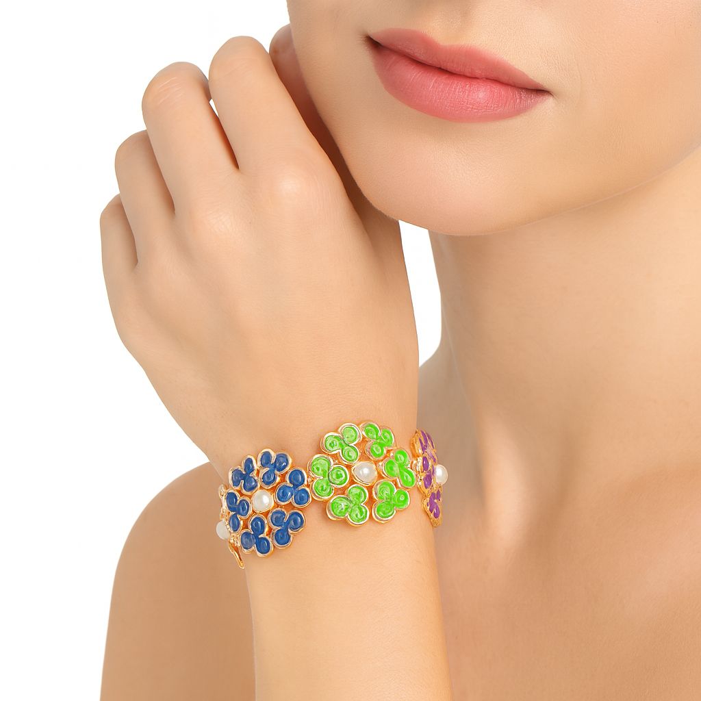 Model wearing colorful KC gold enamel floral bracelet